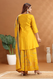Yellow Roman Silk Straight Embroidered Kurta Sharara Suit Set