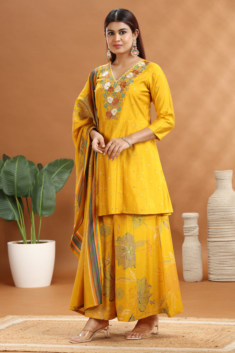 Yellow Roman Silk Straight Embroidered Kurta Sharara Suit Set