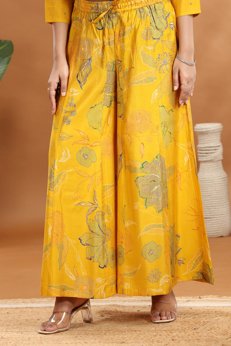 Yellow Roman Silk Straight Embroidered Kurta Sharara Suit Set