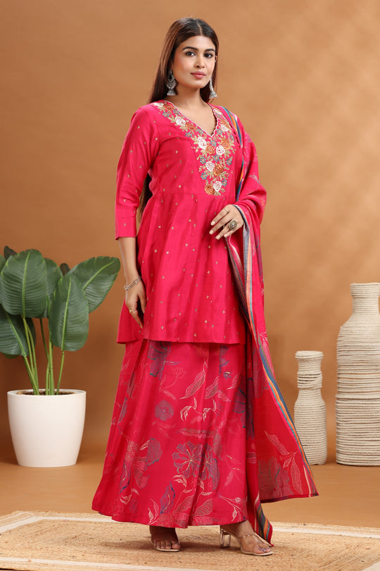 Rani Pink Roman Silk Straight Embroidered Kurta Sharara and Dupatta Set for women and girls