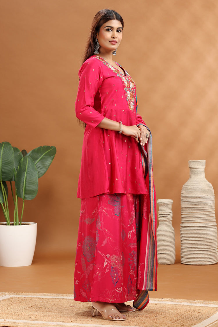 Rani Pink Roman Silk Straight Embroidered Kurta Sharara and Dupatta Set for women and girls