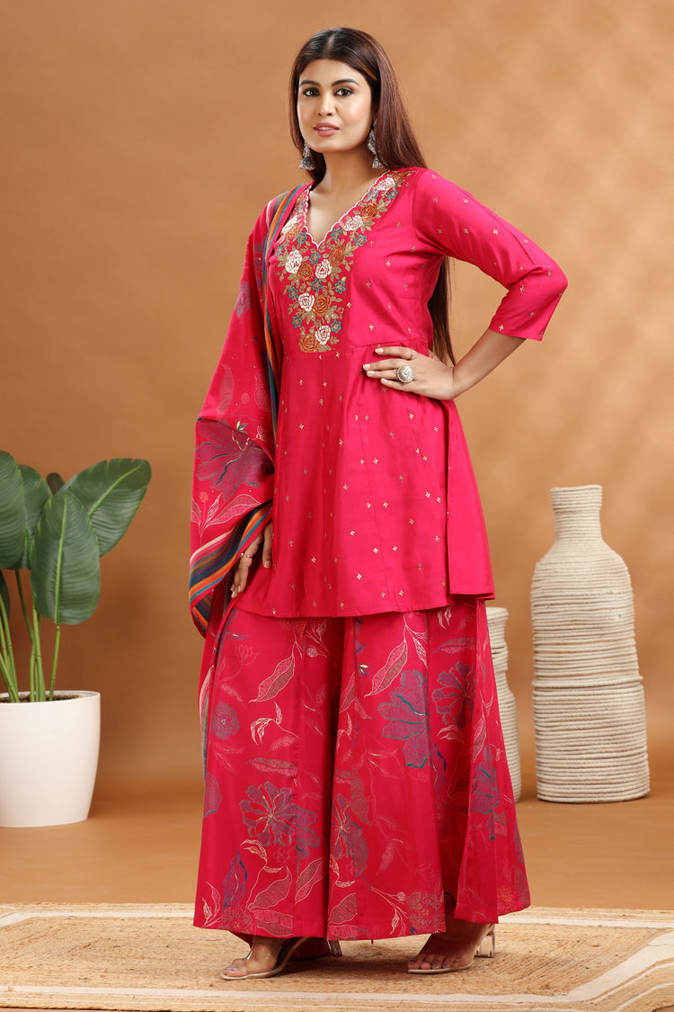 Rani Pink Roman Silk Straight Embroidered Kurta Sharara and Dupatta Set for women and girls