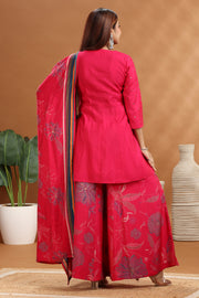 Rani Pink Roman Silk Straight Embroidered Kurta Sharara and Dupatta Set for women and girls