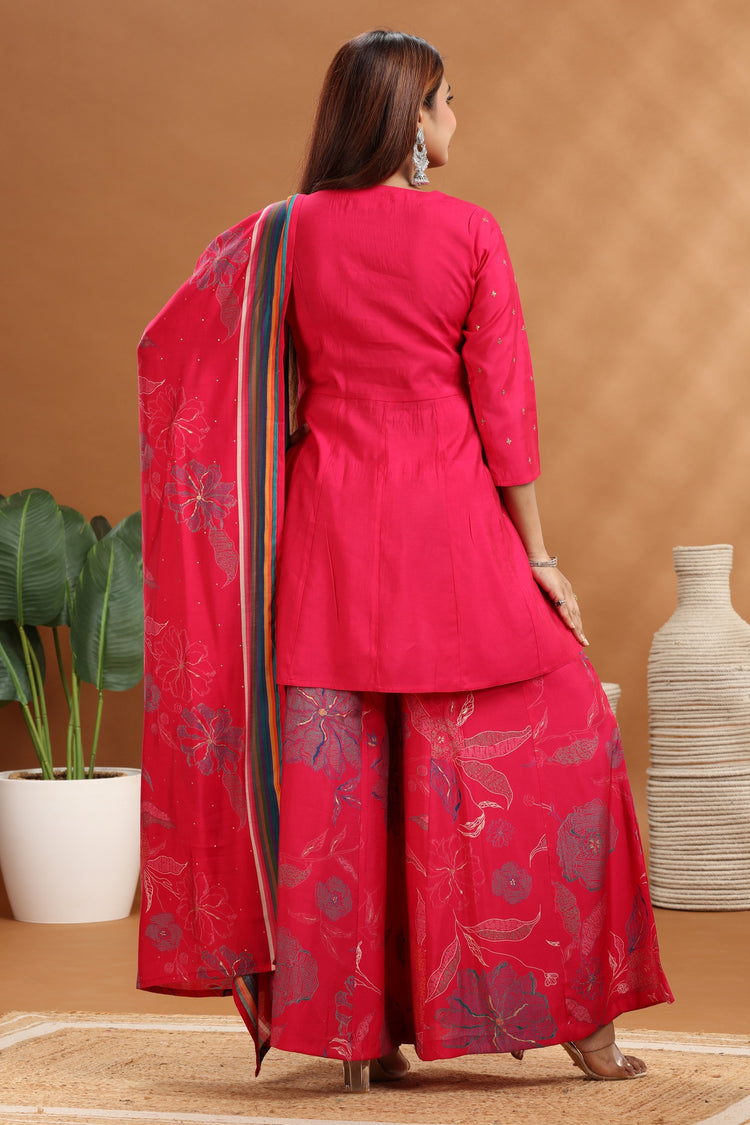 Rani Pink Roman Silk Straight Embroidered Kurta Sharara and Dupatta Set for women and girls