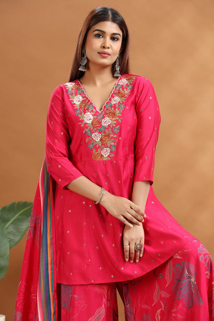 Rani Pink Roman Silk Straight Embroidered Kurta Sharara and Dupatta Set for women and girls