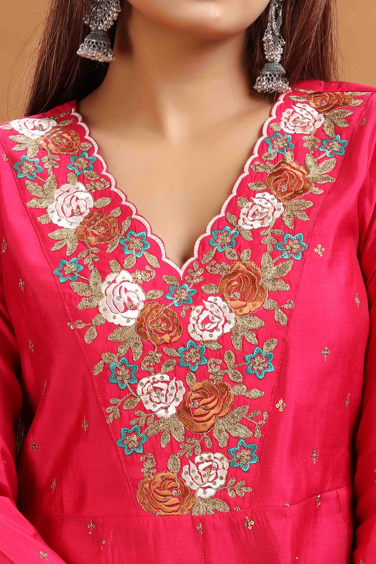 Rani Pink Roman Silk Straight Embroidered Kurta Sharara and Dupatta Set for women and girls