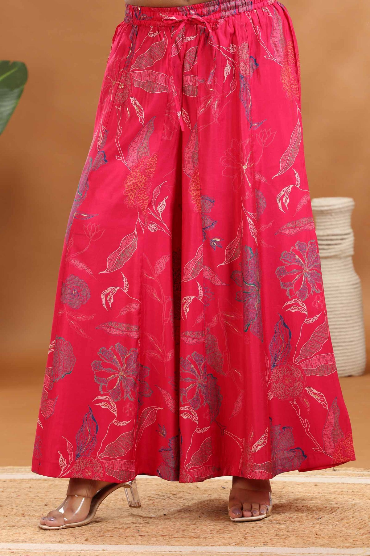 Rani Pink Roman Silk Straight Embroidered Kurta Sharara and Dupatta Set for women and girls