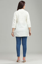 Off White Flex Cotton Straight Embroidered Short Kurta