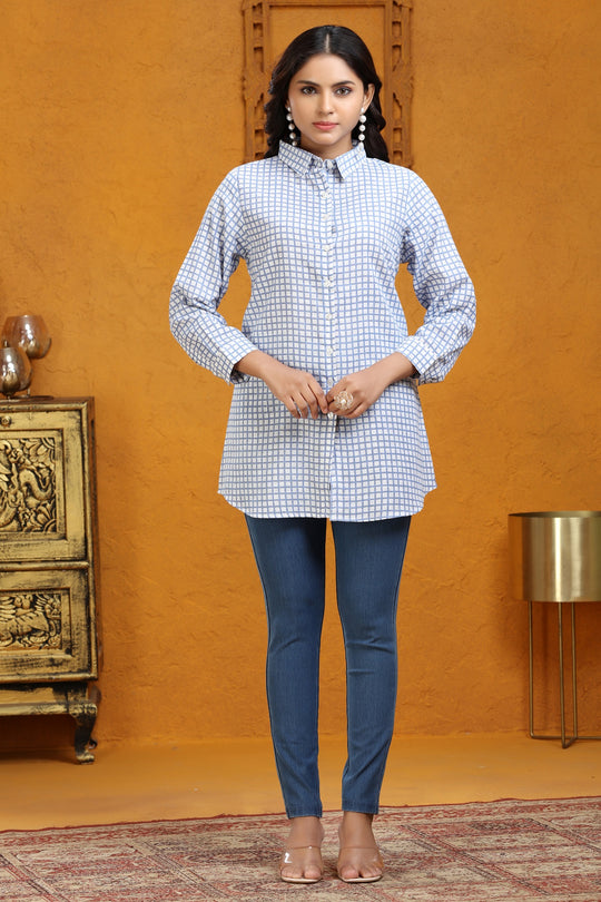 Off White & Blue Printed Jaipuri Cotton Tunic for ladies online