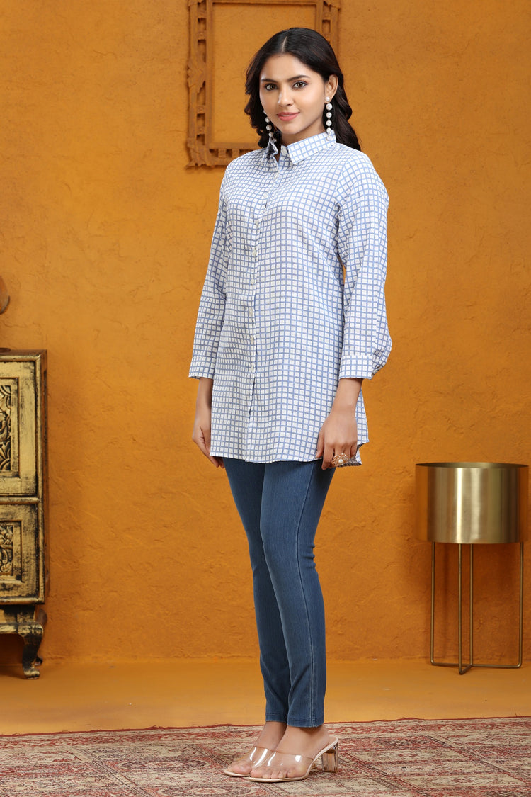 Off White & Blue Printed Jaipuri Cotton Tunic for ladies online