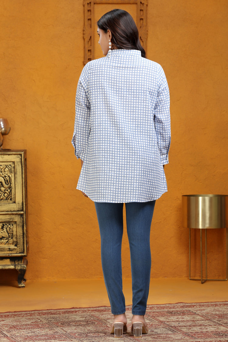 Off White & Blue Printed Jaipuri Cotton Tunic for ladies online