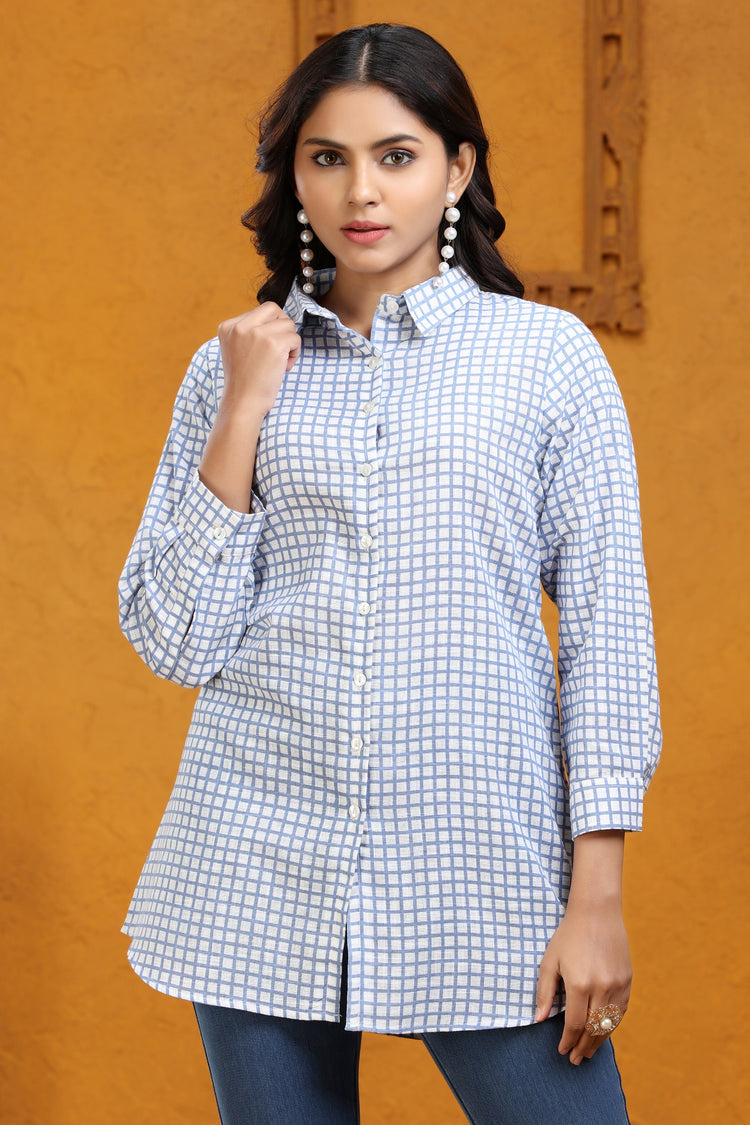Off White & Blue Printed Jaipuri Cotton Tunic for ladies online