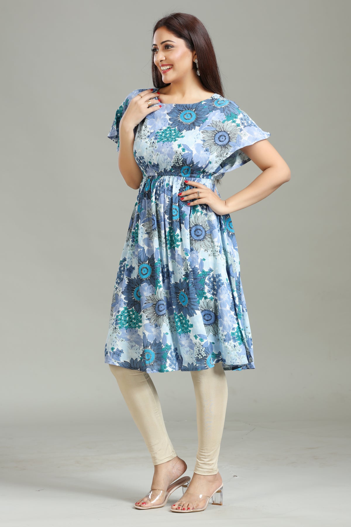 Blue Rayon Gathered Printed Kurta