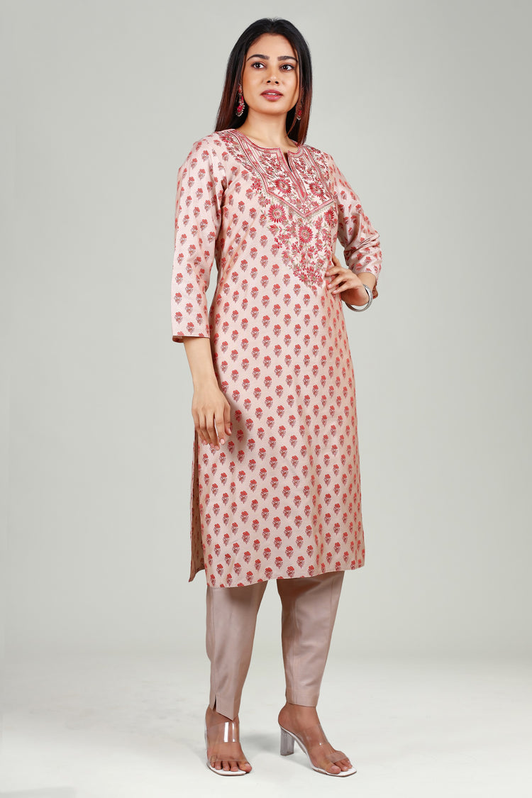 Off White PolySilk Straight Embroidered Kurta Pant Co ord Set