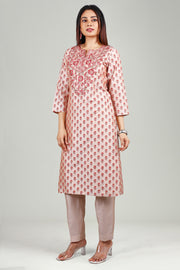 Off White PolySilk Straight Embroidered Kurta Pant Co ord Set
