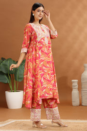 Orange Roman Silk Embroidered & Digital Print A Line Kurta and Pant Set