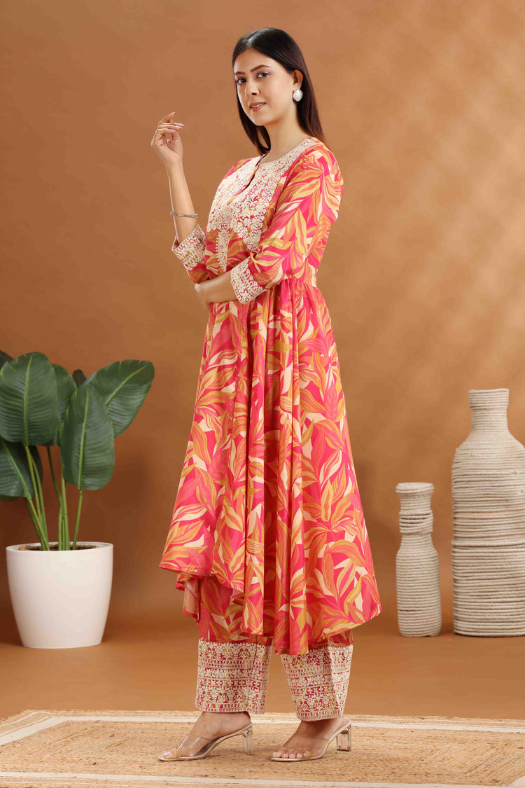 Orange Roman Silk Embroidered & Digital Print A Line Kurta and Pant Set