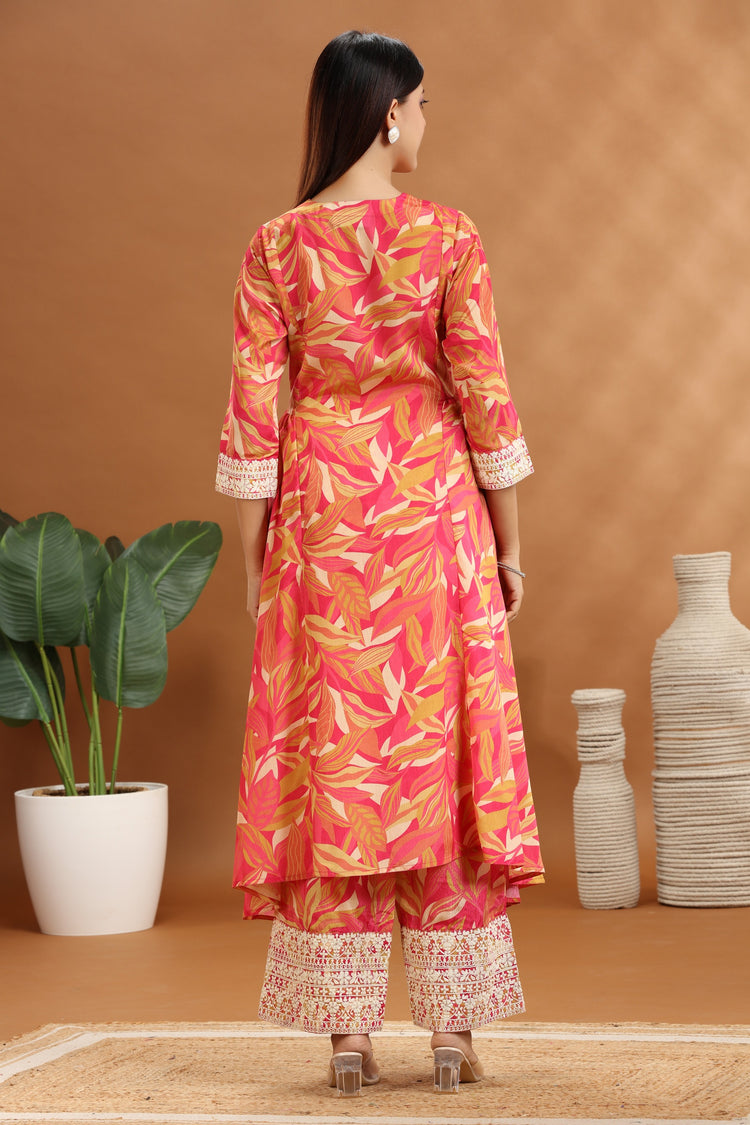 Orange Roman Silk Embroidered & Digital Print A Line Kurta and Pant Set