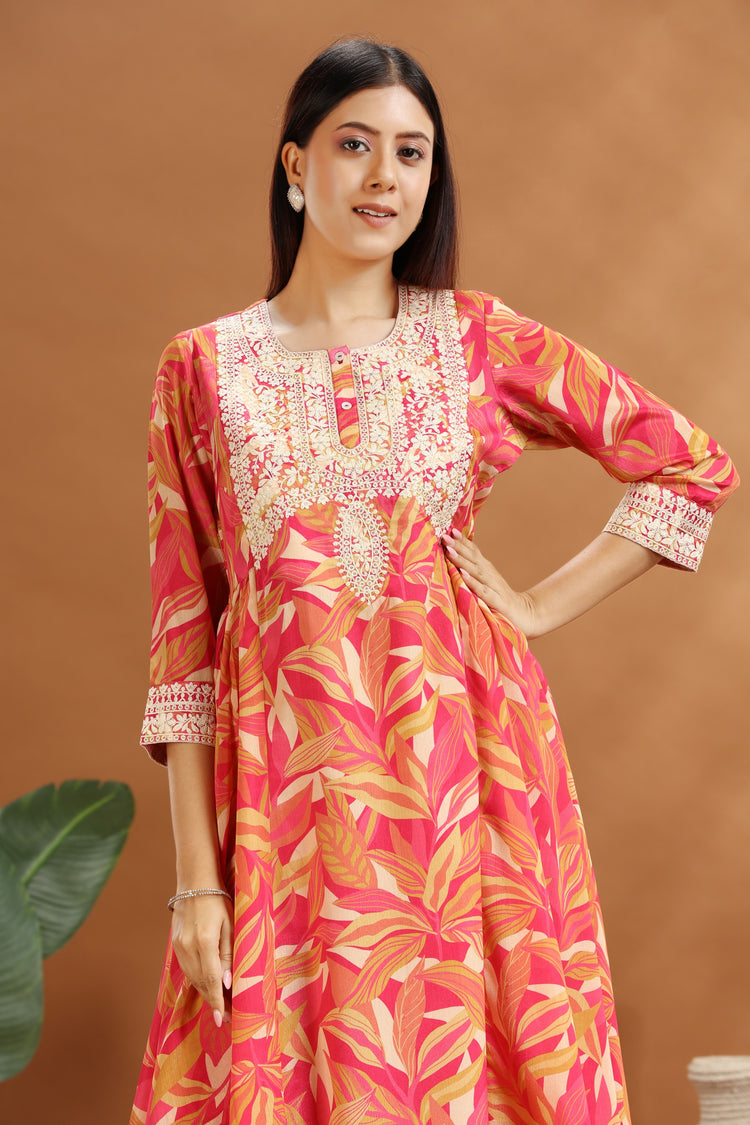 Orange Roman Silk Embroidered & Digital Print A Line Kurta and Pant Set
