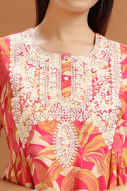 Orange Roman Silk Embroidered & Digital Print A Line Kurta and Pant Set