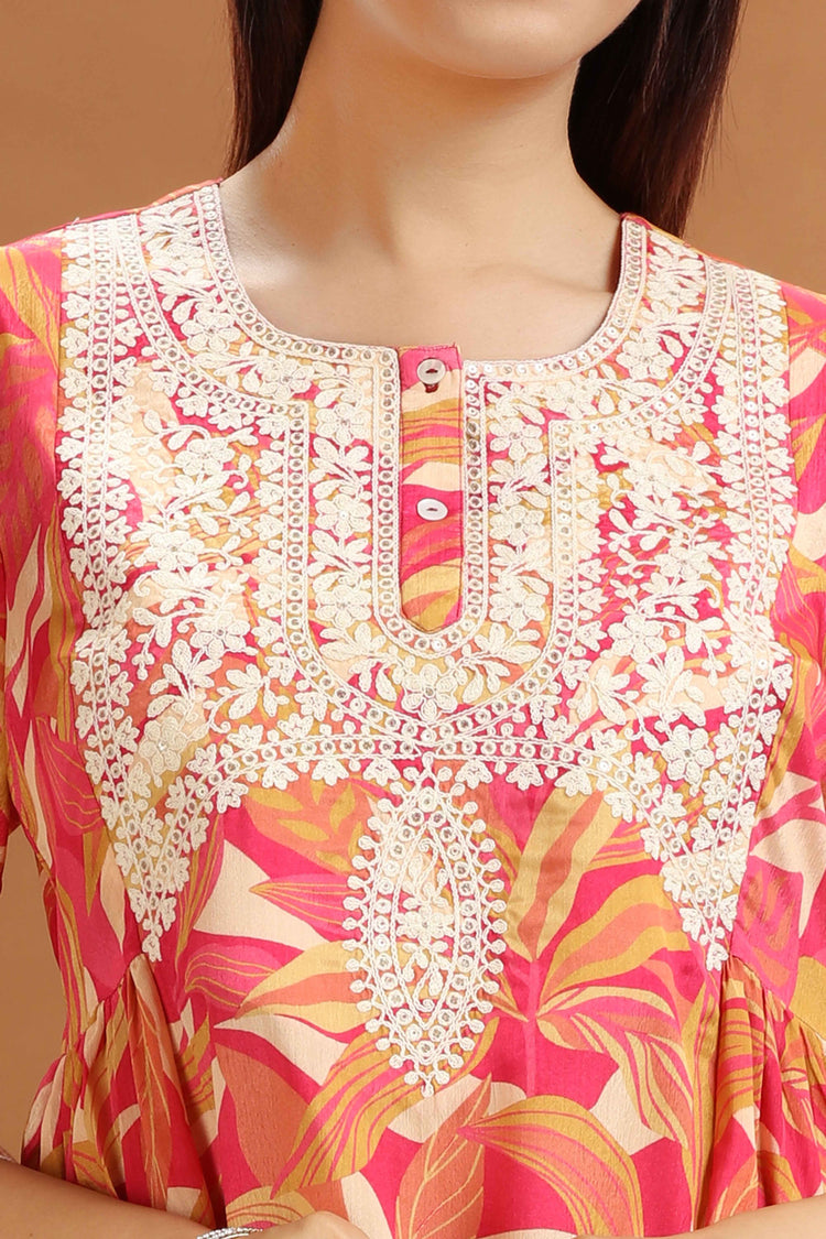 Orange Roman Silk Embroidered & Digital Print A Line Kurta and Pant Set