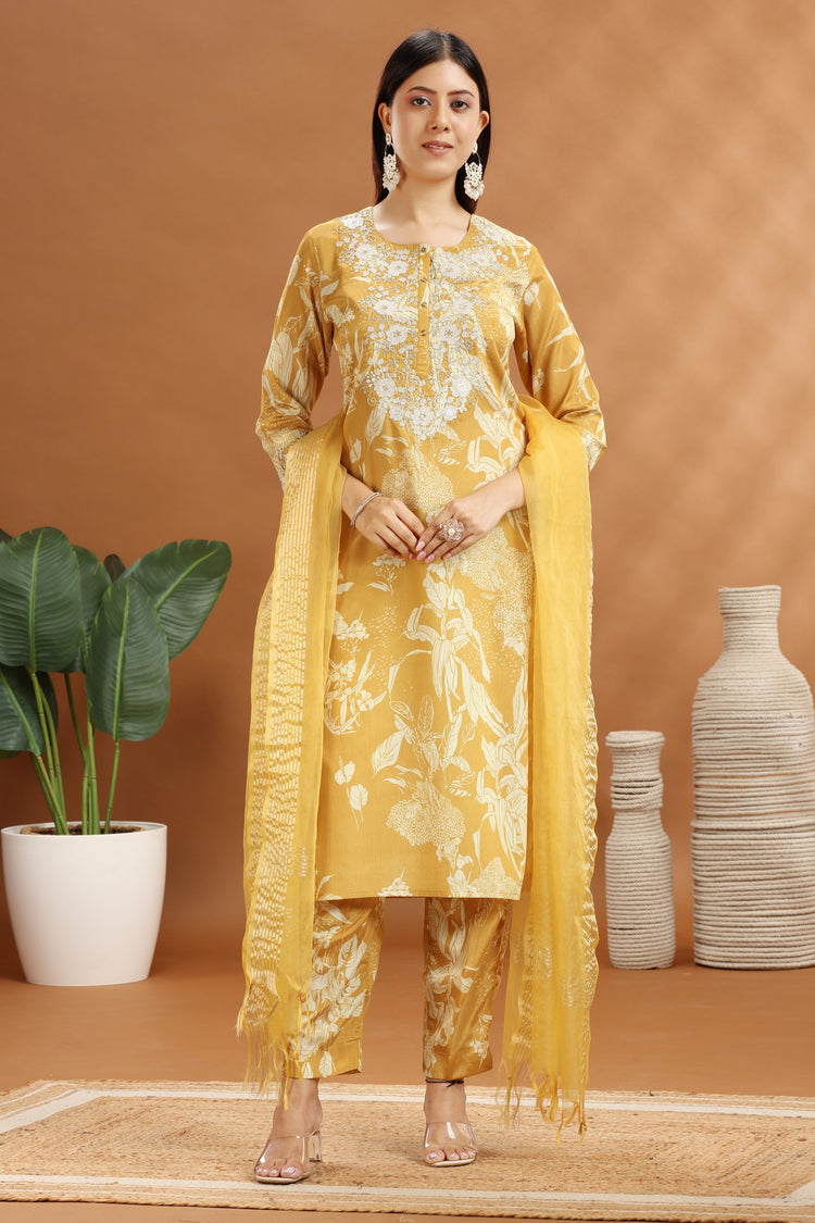 Yellow Roman Silk Embroidered Kurta Pant Suit Set