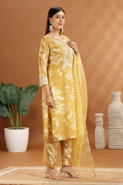 Yellow Roman Silk Embroidered Kurta Pant Suit Set