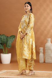 Yellow Roman Silk Embroidered Kurta Pant Suit Set