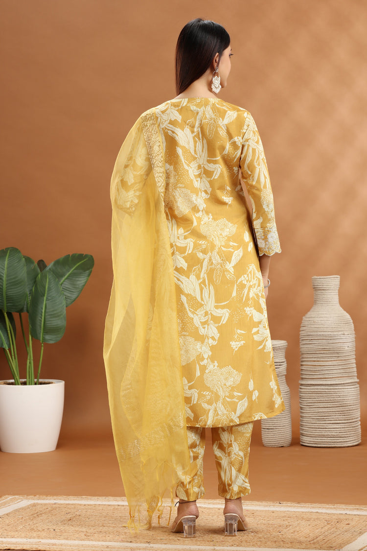 Yellow Roman Silk Embroidered Kurta Pant Suit Set