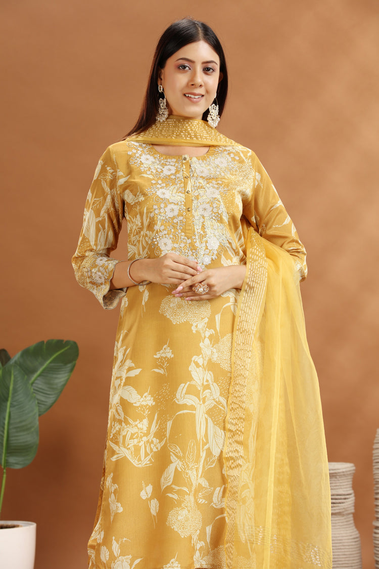 Yellow Roman Silk Embroidered Kurta Pant Suit Set