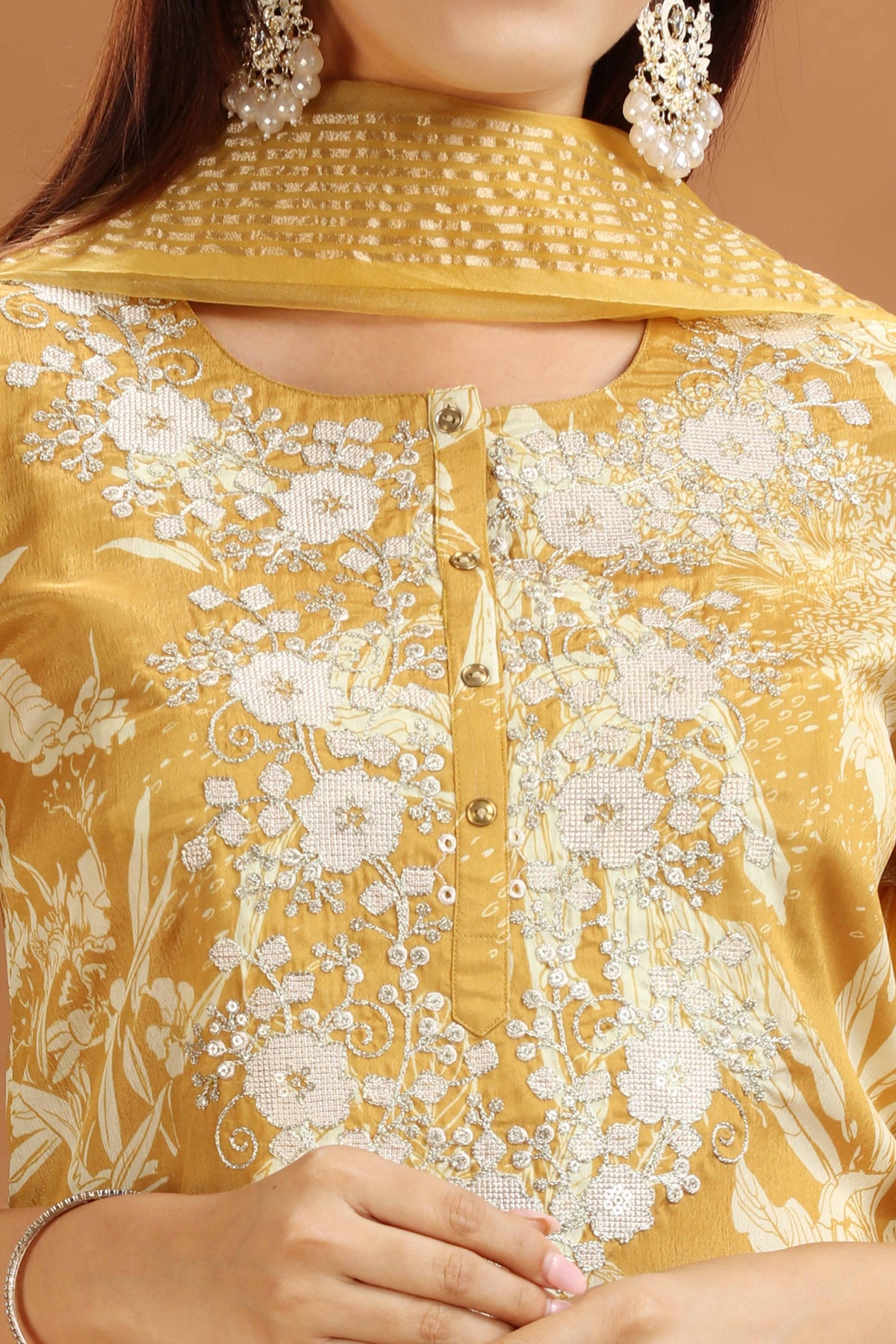 Yellow Roman Silk Embroidered Kurta Pant Suit Set