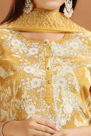 Yellow Roman Silk Embroidered Kurta Pant Suit Set