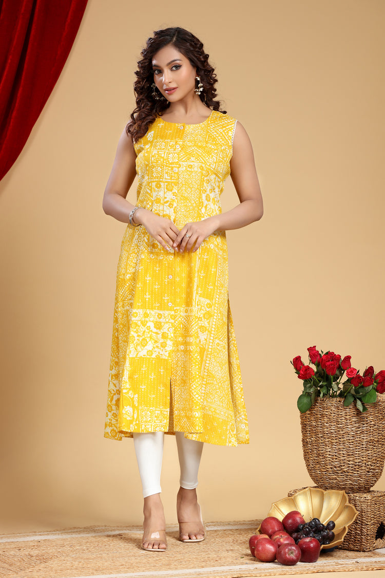 Yellow Cotton A Line Printed Sleeveless Kurta