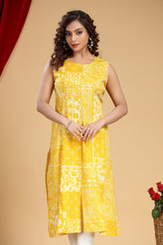 Yellow Cotton A Line Printed Sleeveless Kurta