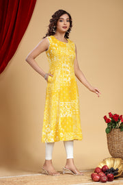 Yellow Cotton A Line Printed Sleeveless Kurta