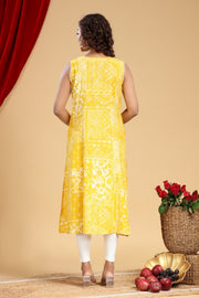 Yellow Cotton A Line Printed Sleeveless Kurta