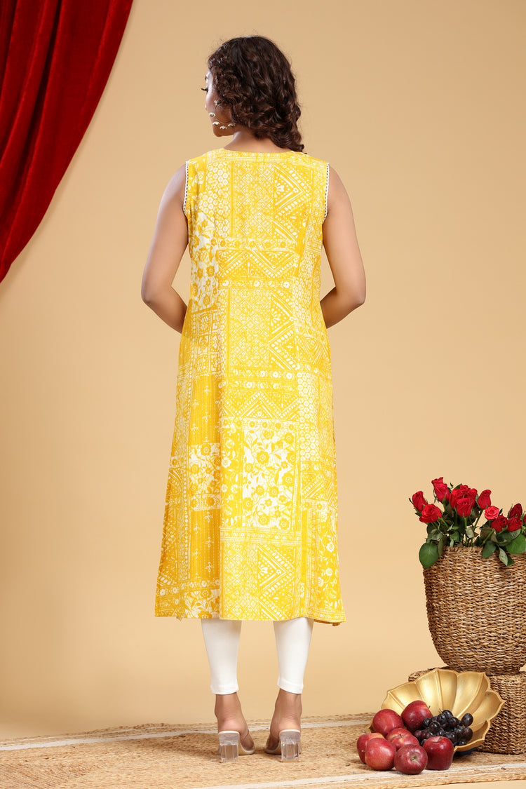 Yellow Cotton A Line Printed Sleeveless Kurta