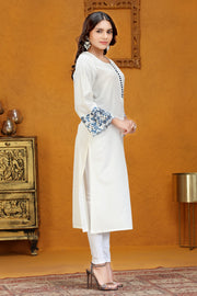 White Flax Cotton Straight Embroidered Kurta