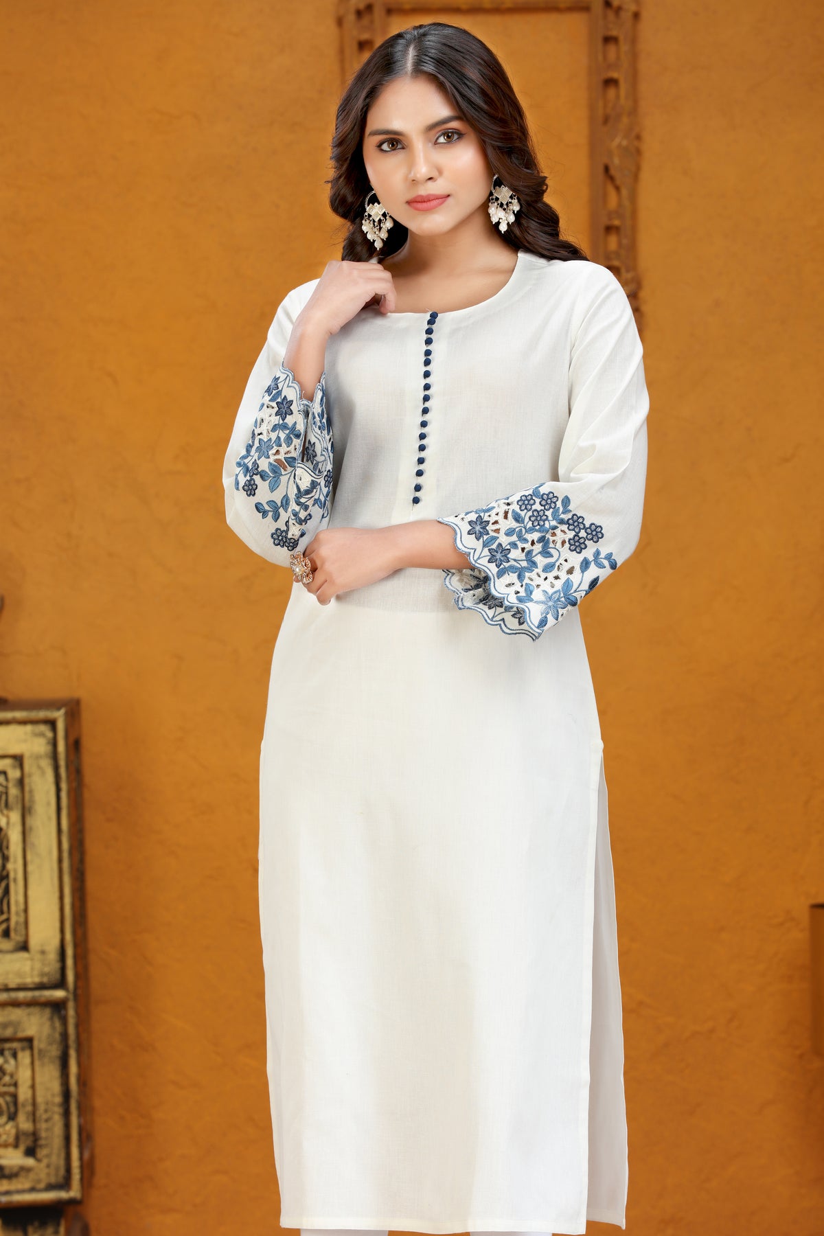 White Flax Cotton Straight Embroidered Kurta