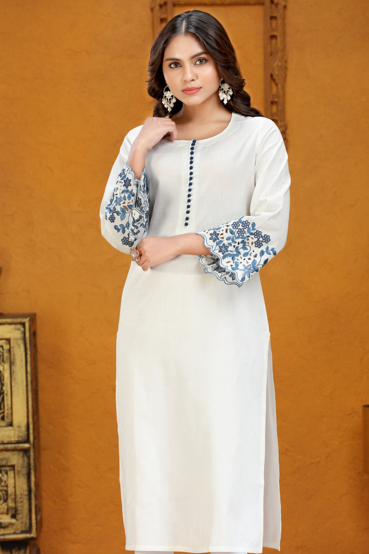 White Flax Cotton Straight Embroidered Kurta