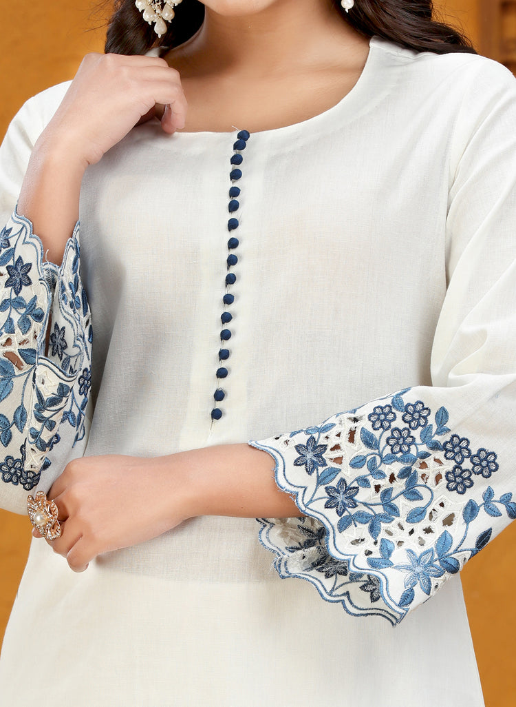 White Flax Cotton Straight Embroidered Kurta