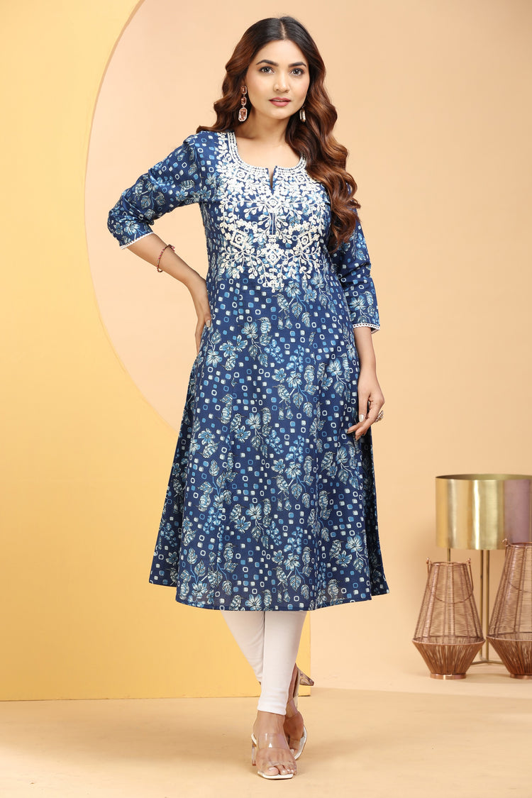 Indigo Jaipuri Cotton A Line Embroidered Kurta
