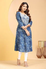 Indigo Jaipuri Cotton A Line Embroidered Kurta