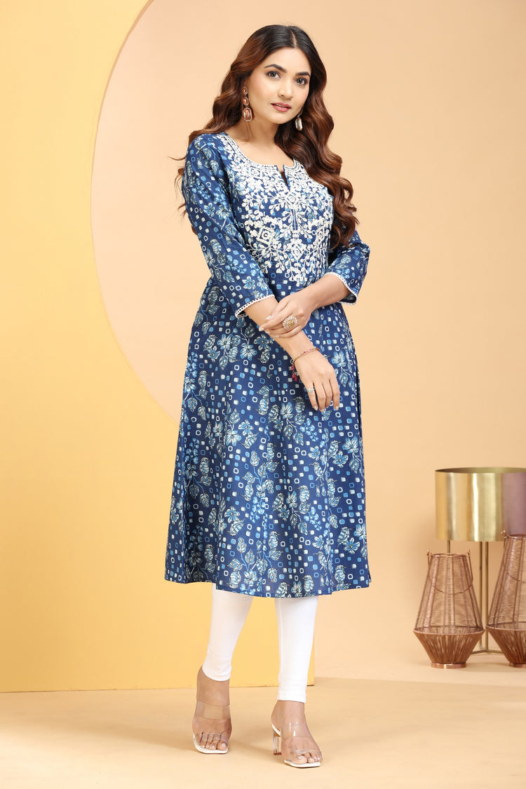 Indigo Jaipuri Cotton A Line Embroidered Kurta