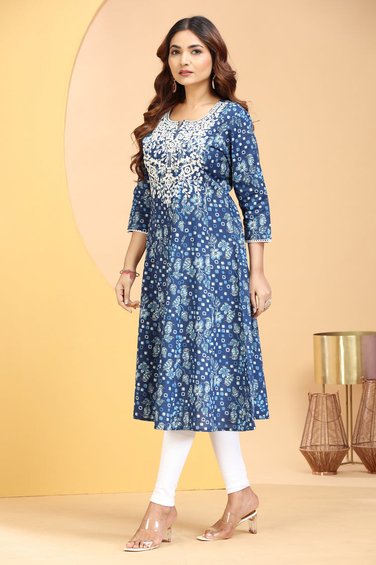 Indigo Jaipuri Cotton A Line Embroidered Kurta