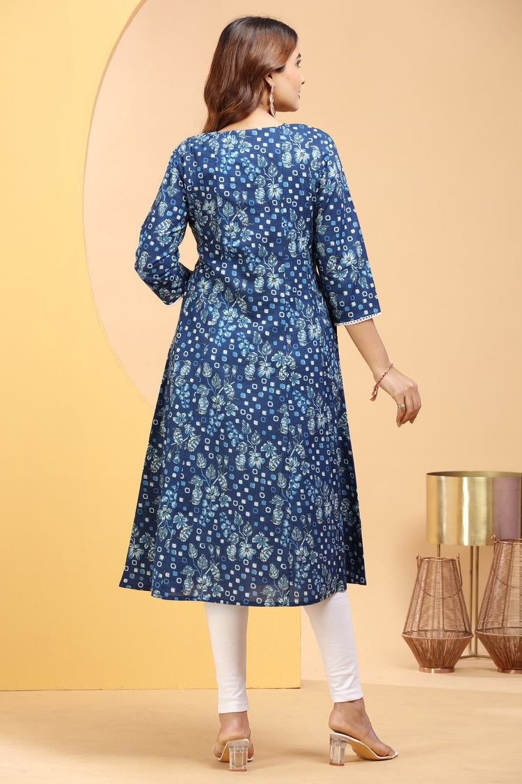 Indigo Jaipuri Cotton A Line Embroidered Kurta