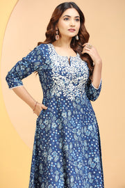 Indigo Jaipuri Cotton A Line Embroidered Kurta