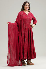 Maroon Georgette Anarkali Embroidered Kurta Pant Suit Set for women