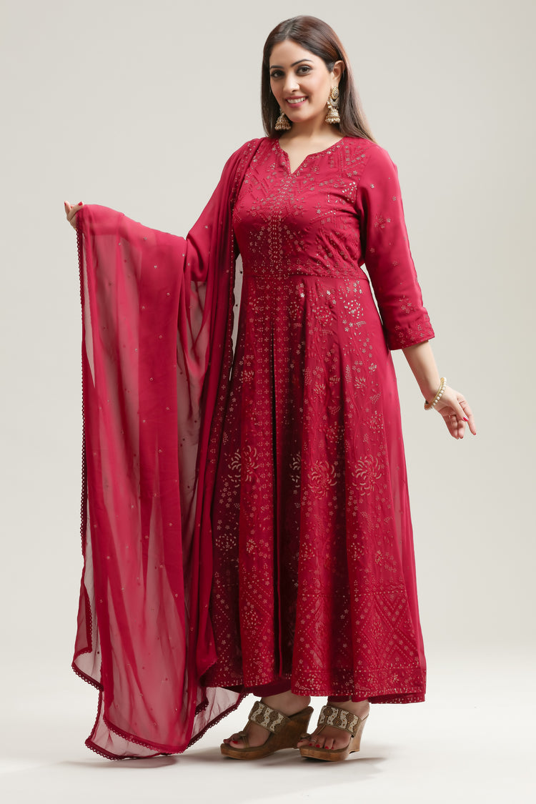 Maroon Georgette Anarkali Embroidered Kurta Pant Suit Set for women