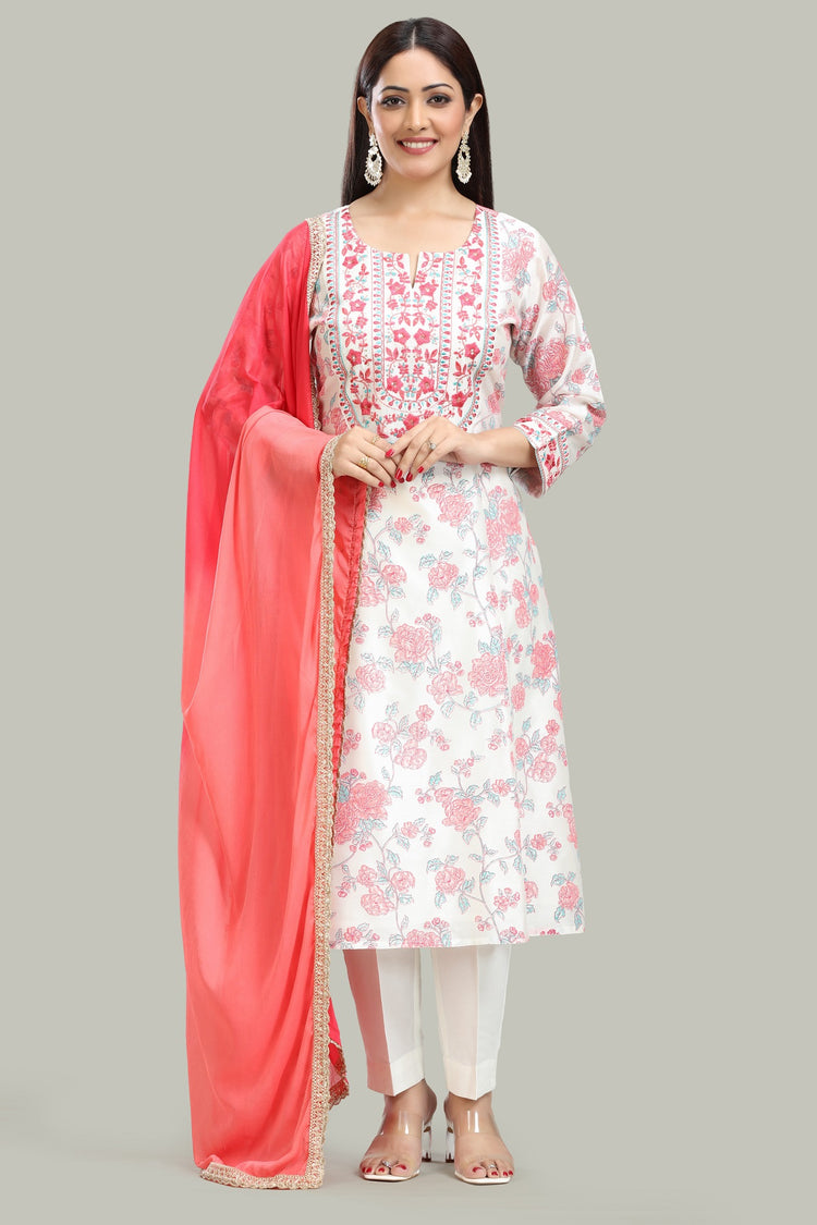 Off White Chanderi Straight Embroidered Kurta Pant and Dupatta Suit Set